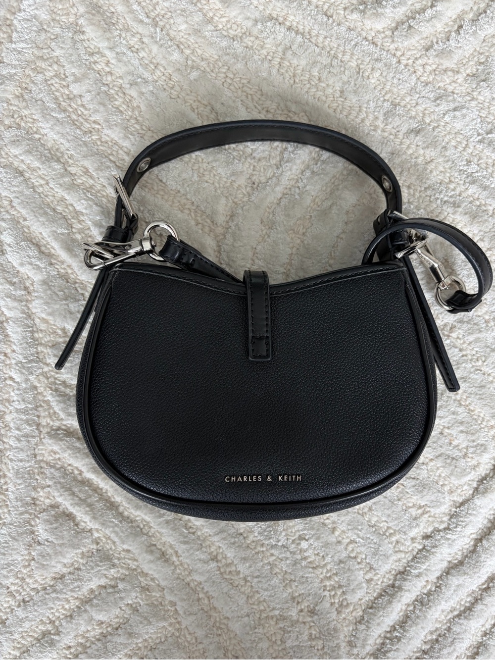 Charles & Keith Thessaly Metallic Accent Bag | Black Top Handle Crossbody Purse - Picture 4 of 10